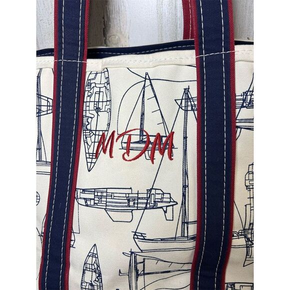 Vintage LL Bean Boat and Tote Bag Nautical Sailing Design cream large - Picture 2 of 12